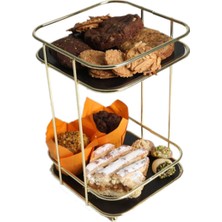 Iki Katlı Metal Gold Renk Ahşap Raf Organizer, Şık ve Fonksiyonel Depolama Çözümü