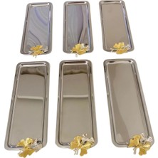 6'lı Paslanmaz Çelik Kelebekli Servis Tepsisi, Çay, Kahve ve Ikramlık Sunum Seti