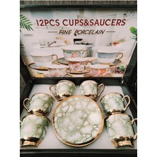 Altın Sarısı, Yeşil ve Beyaz Detaylı 6'lı Lüx Kahve Fincan Seti