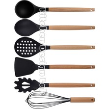 Siyah Bambu Saplı 6'lı Silikon Servis Seti: Kepçe, Kaşık, Kevgir, Makarna, Spatula, Çırpıcı