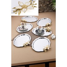 6'lı Oval Papatya Çiçekli Kahve-Çay Servis ve Sunum Tepsisi 25X20 cm Gri