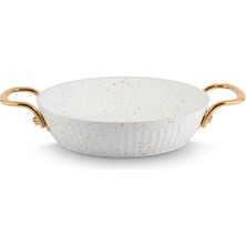 Beyaz Granit Sahan, 18 Cm, Altın Kulp, Dayanıklı ve Şık Mutfak Gereci