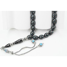 Kule Model Mavi Mine ve Gümüş Işlemeli Oltu Sıkması Tespih