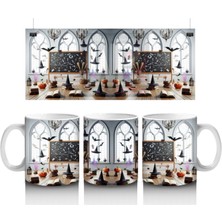 Gotik Şato Girişinde Kafatası Süslemeli Korku Temalı Cadılar Bayramı Baskılı Kupa