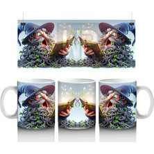 El Ele Tutuşmuş Cadı Kız Figürleriyle Gün Batımı Temalı Cadılar Bayramı Baskılı Kupa