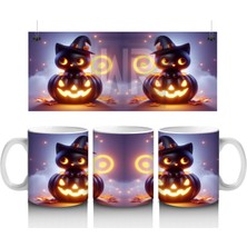 Cadılar Bayramı Temalı Siyah Kedi ve Balkabağı Işıltılı Baskılı Kupa Bardak