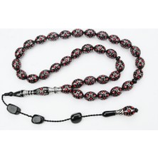 Kırmızı Mine Piramit Yol Işlemeli Oltu Sıkması Tespih