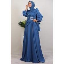 Önü Taş Tokalı Elbise Indigo