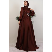 Önü Taş Tokalı Elbise Kahverengi