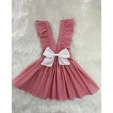 EYLÜLCE BUTİK Kız Çocuk Kırmızı Pötikareli Beyaz Fiyonklu Fırfır Askılı Salopet Elbise (%100 Pamuk Kumaş)