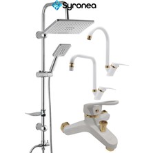 Mix Beyaz Altın Mutfak Evye Lavabo Batarya Seti Banyo Duş Yenileme Seti 4 Parça Duş