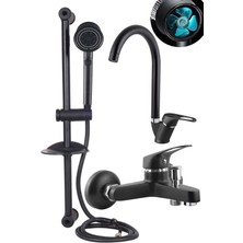 Siyah Sürgülü Pervaneli Başlıklı Banyo Duş Seti Siyah Mix Banyo Lavabo Bataryası Seti Garantili 2