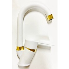 Beyaz Gold Banyo Lavabo Musluğu Bataryası Çeşmesi Lüx Tasarım Çif Su Girişli