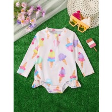 Renkli Dondurma Desenli Uzun Kollu Fermuarlı Bebek Kız Mayo – Sevimli ve Konforlu Tasarım