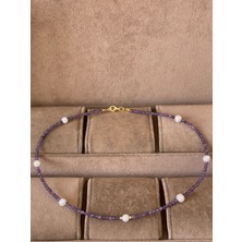 Aida Jewelss 14 Ayar Çift Altın Dorika Detaylı Natural Inci ve Ametis Taşlı Özel Tasarım Altın Kolye