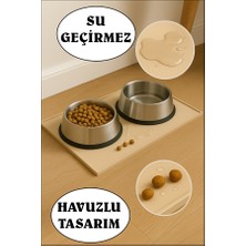 Büyük Boy Silikon Evcil Hayvan Beslenme Matı Su Geçirmez Mama Matı Havuzlu Kaymaz Kedi Köpek Paspası 60X40 cm BEJ