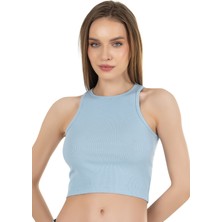 Kadın Pamuklu Fitilli Vücuda Oturan Halter Yaka Esnek Örme Crop Atlet