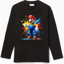 Uzun Kollu Renkli Mario Baskılı Çocuk Pamuklu Tişört