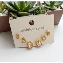 Kadın Zirkon Kare Taşlı 6 Adet Çelik Küpe