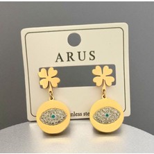 Kadın Zirkon Taşlı Göz ve Yonca Detaylı Çelik Küpe