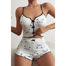 Merry See Kadın Yavru Kedi Desenli Askılı Pijama Takımı Fiyonklu ve Şortlu Tasarım