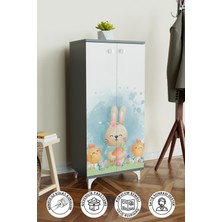 Hediyeler Kapında Sevimli Tavşan Çocuk Odası Beyaz Dolap 3 Raflı Çok Amaçlı Baskılı Oyuncak Dolabı