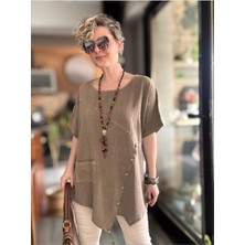 Kadın Büyük Beden Çapraz Düğme Cep Detay %100 Pamuk Asimetrik Bluz