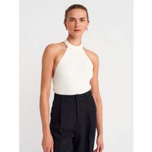 10798 Halter Bağlamalı Yaka Fitilli Triko Bluz-Ekru