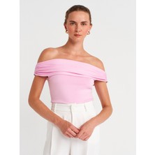 10797 Bardot Yaka Metal Detaylı Triko Bluz-Pembe