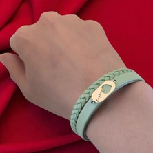 14 Ayar Plakalı Altın Zeynep Ismine Özel Zeytin Yeşili Derili Kalp Motifli Hediye BILEKLIK-556ISIM