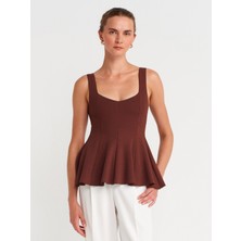 31973 Peplum Streç Top-Açık Kahve