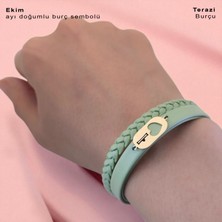 Altın Plakalı 14 Ayar Ekim Ayı Doğumları Için Kalp Motifli Doğal Yeşil Derili Hediye BILEKLIK-556AY