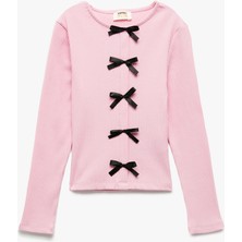 Ribanalı Uzun Kollu Bisiklet Yaka Fiyonklu Pamuklu Tişört