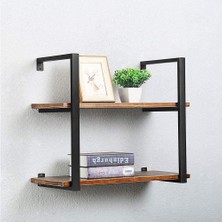 Hitit Dekorasyon Tasnia Siyah Metal Ahşap Duvar Rafı 60CM 2 Katlı