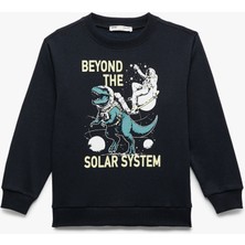 Uzun Kollu Bisiklet Yaka Dinozor Baskılı Şardonlu Sweatshirt