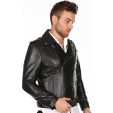 Hakiki Deri Siyah Erkek Deri Mont Belden Kemerli Üç Cepli Deri Ceket