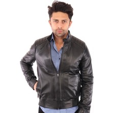 Hakiki Deri Siyah Erkek Deri Mont Belden Lastikli Yandan Cepli Deri Ceket