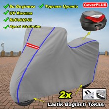 Vespa Gts 125 Supertech Arka Çanta Uyumlu Branda Gri Mavi-Dikişli Reflektörlü Motosiket Brandası Motor Örtüsü Çadır Su Geçirmez Motosiklet Kılıfı Motor Brandası
