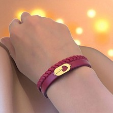 14 Ayar Altın Plakalı Leyla Ismine Özel Doğal Bordo Derili Kalp Figürlü Hediye BILEKLIK-559ISIM