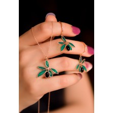 Papatya Silver 925 Ayar Gümüş Rose Kaplama Oniks Taşlı Zeytin Dalı Set
