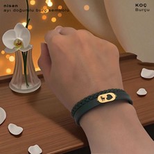 14 Ayar Altın Plakalı Koç Burçları Için Kalp Motifli Koyu Yeşil Derili Hediye BILEKLIK-560BURÇ