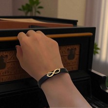 14 Ayar Altın Plakalı Leyla Ismine Özel Siyah Derili Sonsuzluk Motifli Hediye BILEKLIK-562ISIM