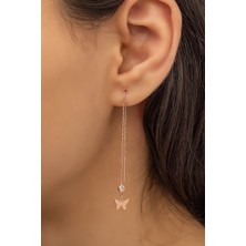 Papatya Silver Sallantılı Tekli Kelebek Küpe Nano Zirkon Taşlı Rose Gold Kaplama 925 Ayar Gümüş Küpe