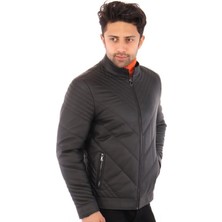 Hakiki Deri Siyah Erkek Deri Mont Şerit Çizgili Yandan Femuar Cepli Deri Ceket