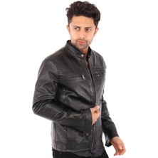 Hakiki Deri Siyah Erkek Deri Mont Üst ve Yandan Cepli Deri Ceket