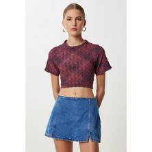 Desenli Crop Krinkıl Bluz LAN0048 Bordo