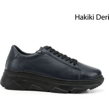 GÖNDERİ Kadın Lacivert  Bağcıklı Dolgu Taban Hakiki Deri Sneaker