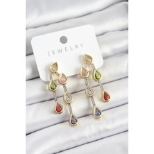 Çarşı Point Pirinç Çoklu Damla Model Karşık Zirkon Taşlı Gold Ve Gümüş Renk Kadın Küpe