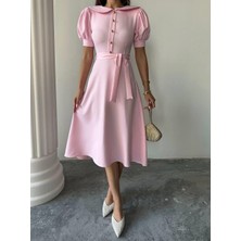 	bebe Yaka Gold Düğmeli Atlas Midi Elbise