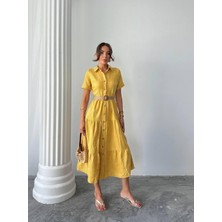 Sofya Keten Kemerli Midi Elbise